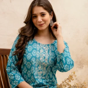 Sea Green Block Print Embroidered Cotton Straight Kurta.