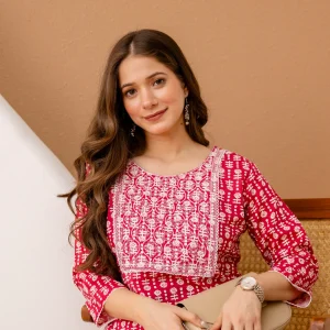 Red Printed Embroidered Pure Cotton Straight Kurta.